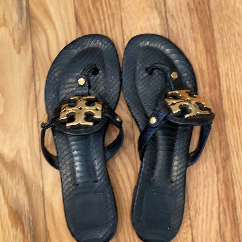 Tory Burch Black Leather Logo Thong Sandals with Gold Medallion